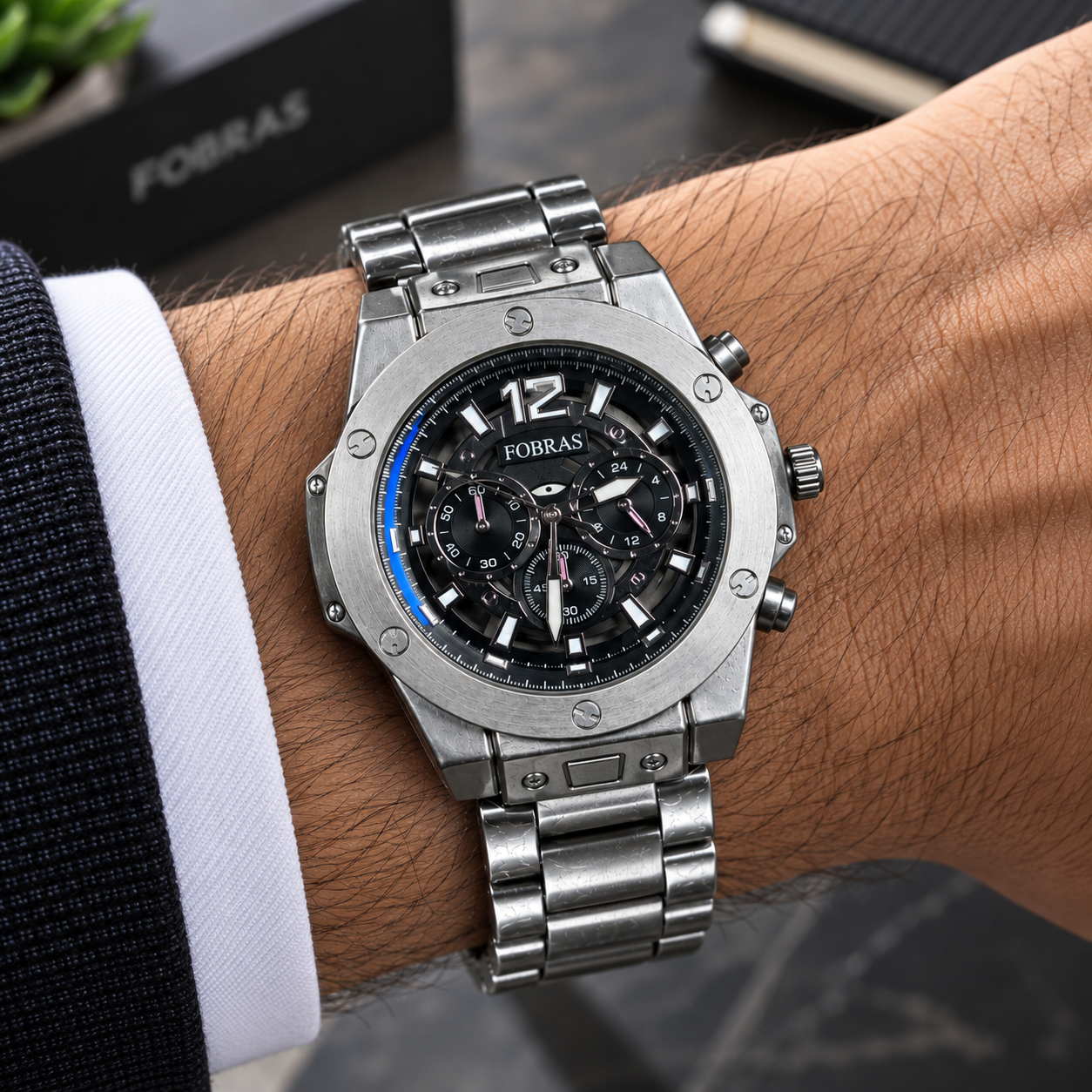 FOBRAS Men's Silver Black Chronograph Style Analog Watch with Metal Bracelet