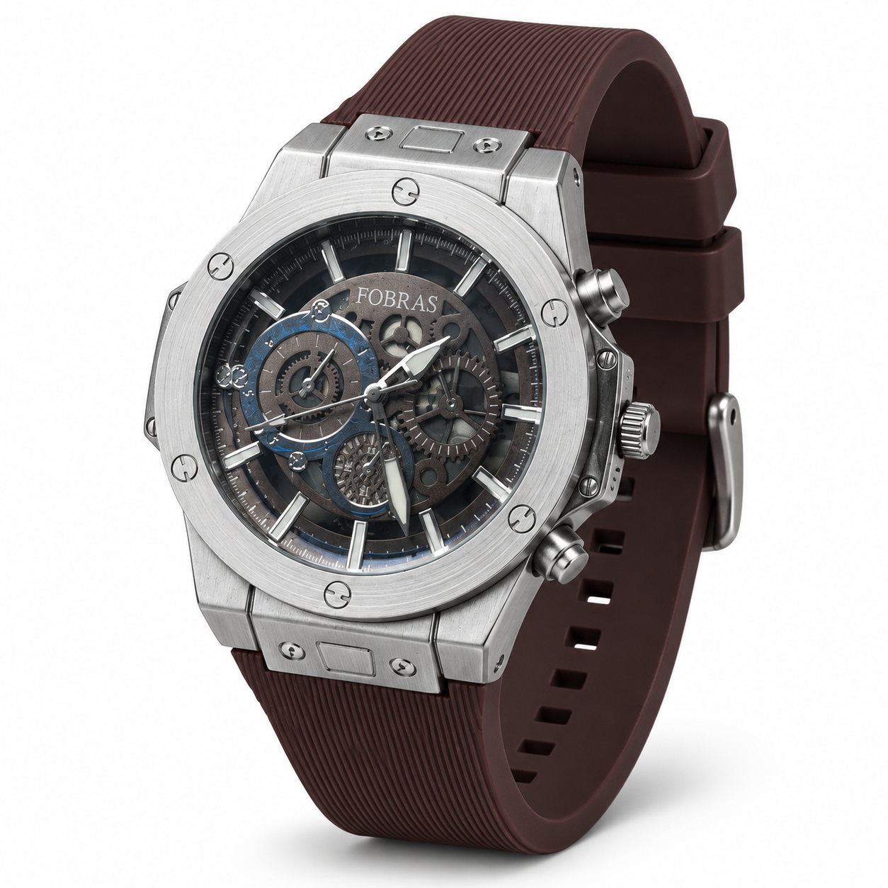 FOBRAS Men's Luxury Skeleton Analog Watch – Silver & Brown