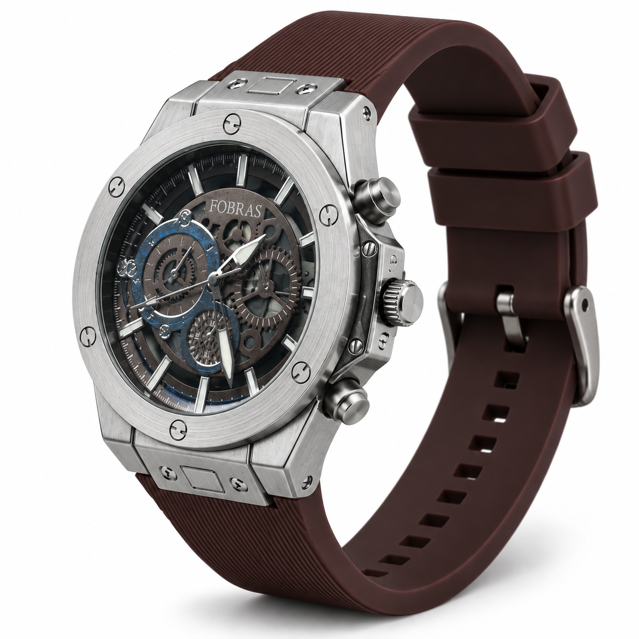 FOBRAS Men's Luxury Skeleton Analog Watch – Silver & Brown