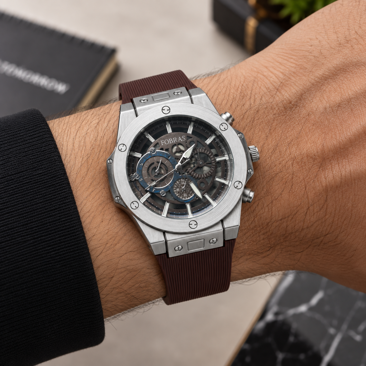 FOBRAS Men's Luxury Skeleton Analog Watch – Silver & Brown