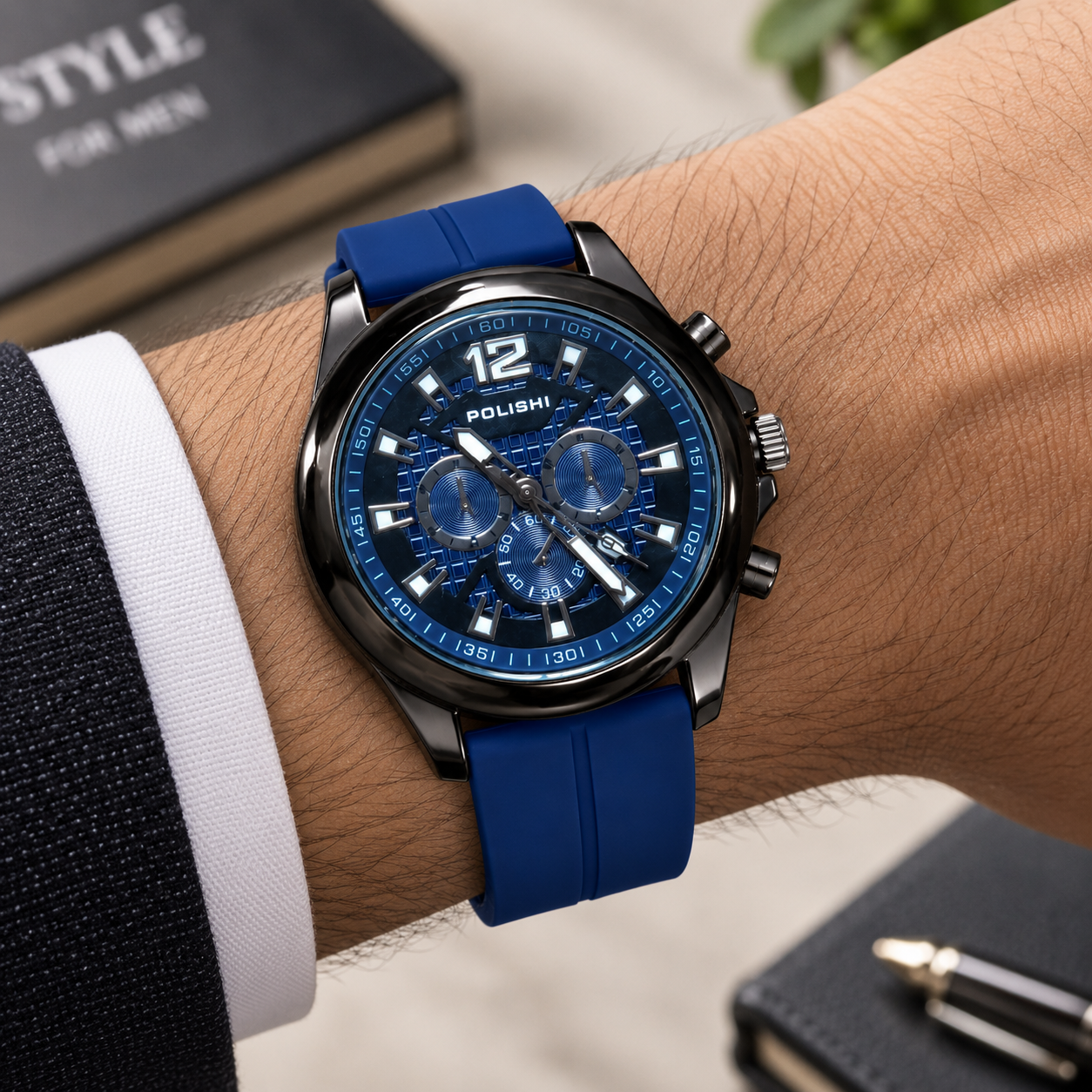 Blue Sporty Chronograph Men's Analog Watch with Silicone Strap