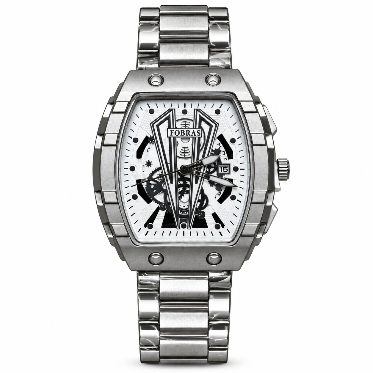 Silver Men's Luxury Skeleton Analog Watch with Stainless Steel Strap