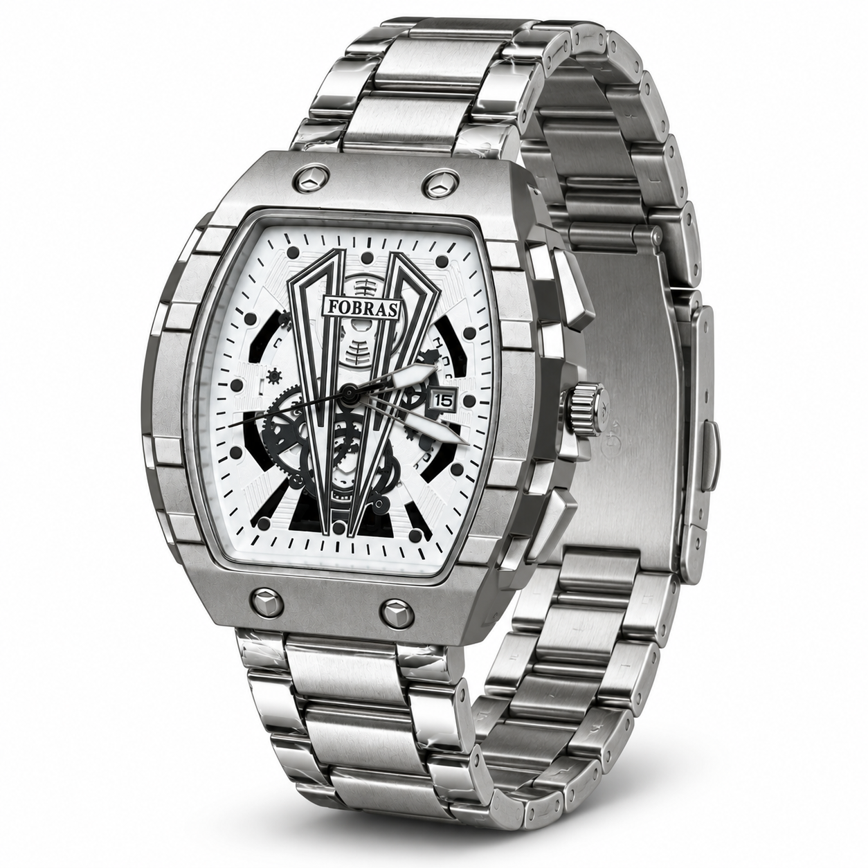 Silver Men's Luxury Skeleton Analog Watch with Stainless Steel Strap