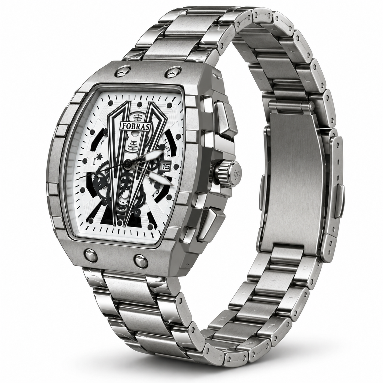 Silver Men's Luxury Skeleton Analog Watch with Stainless Steel Strap