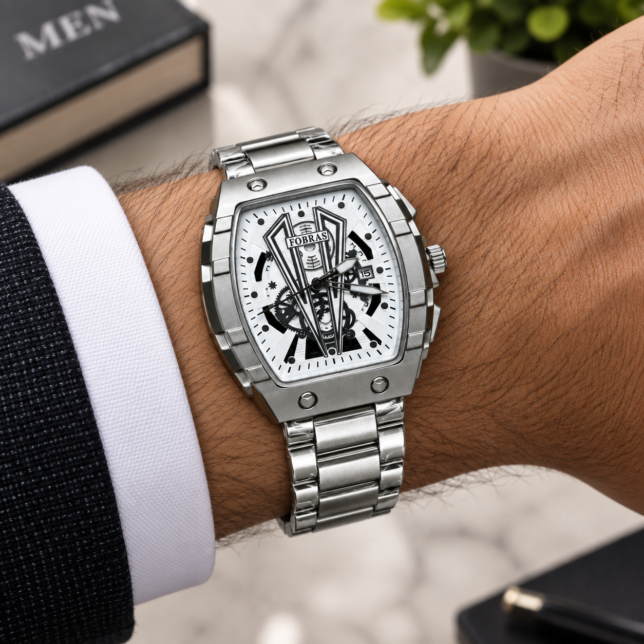 Silver Men's Luxury Skeleton Analog Watch with Stainless Steel Strap