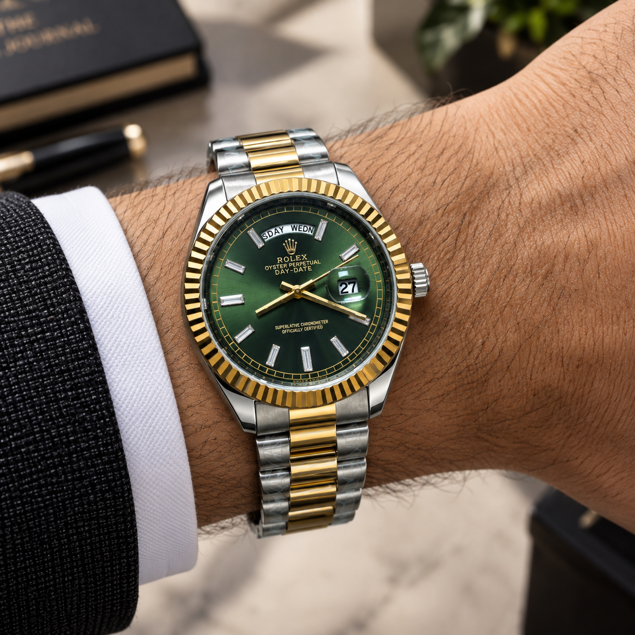 Green & Gold Men's Luxury Analog Watch with Stainless Steel Bracelet