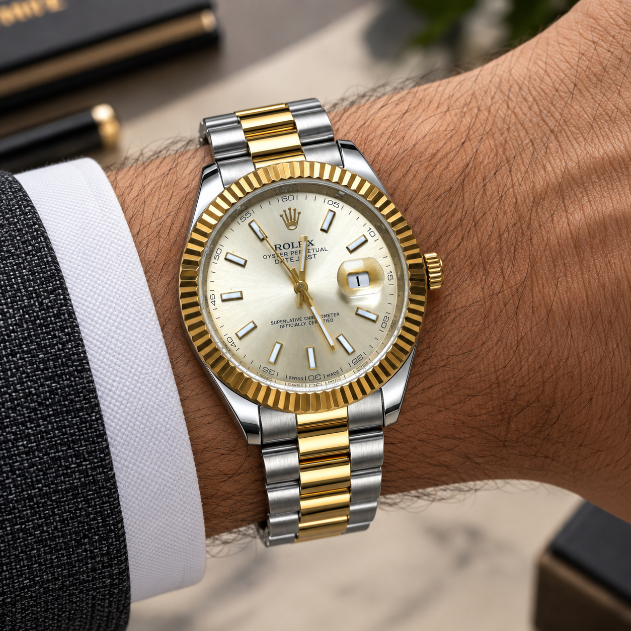 Silver & Gold Men's Luxury Analog Watch with Champagne Dial