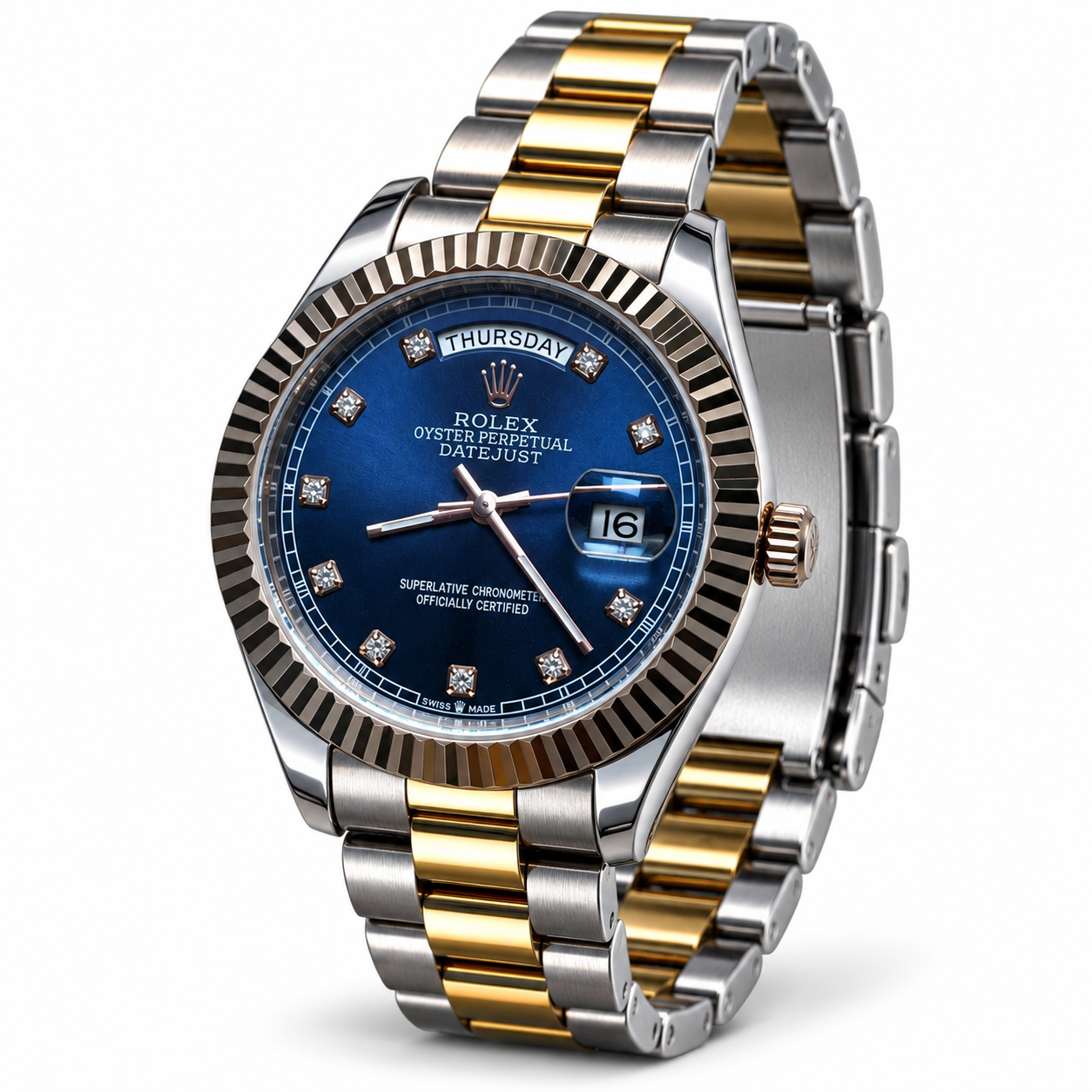 Two-Tone Silver & Gold Men's Luxury Analog Watch with Blue Dial