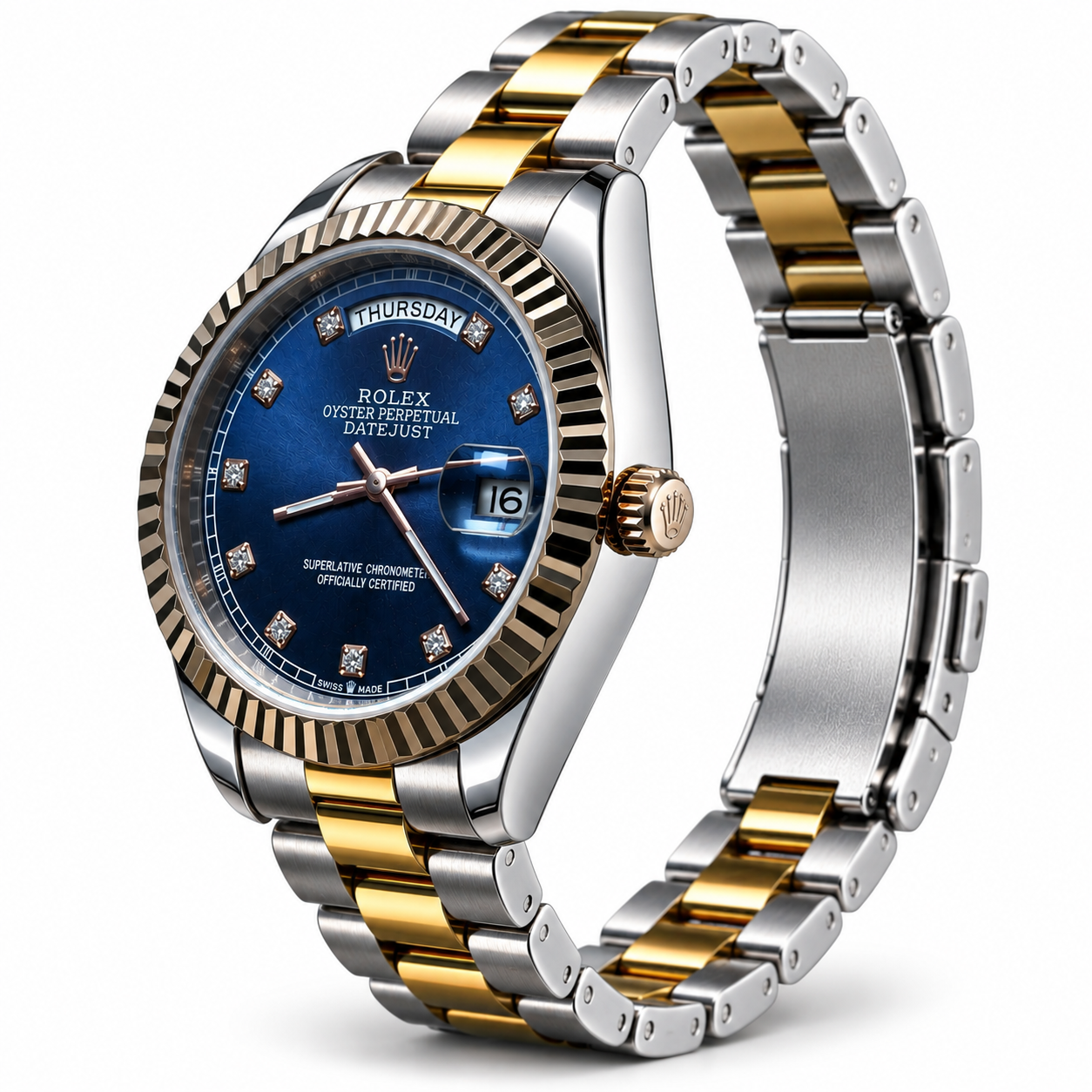 Two-Tone Silver & Gold Men's Luxury Analog Watch with Blue Dial