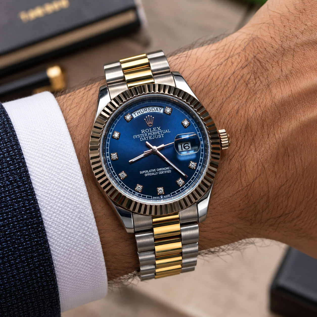 Two-Tone Silver & Gold Men's Luxury Analog Watch with Blue Dial