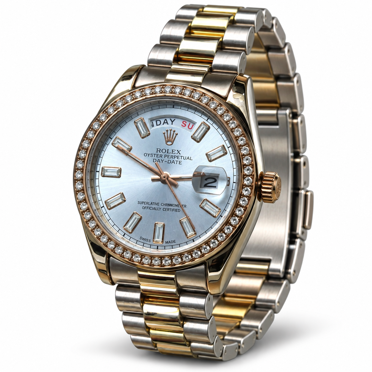 Two-Tone Gold & Silver Men's Luxury Watch with Silver Dial & Crystal Bezel