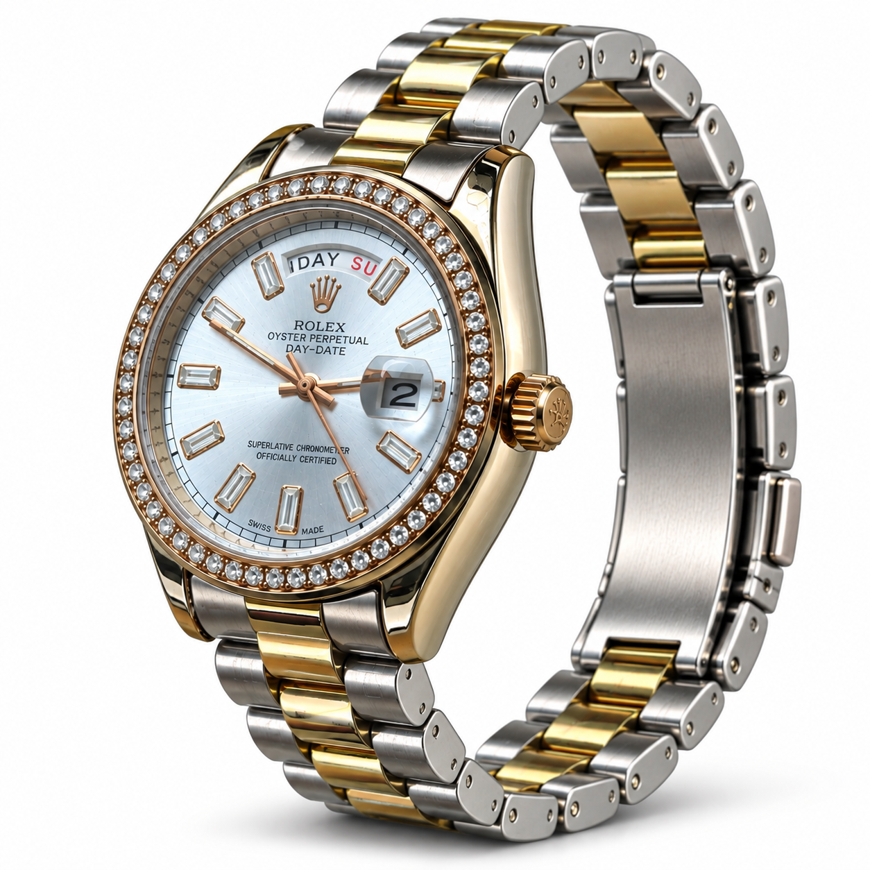 Two-Tone Gold & Silver Men's Luxury Watch with Silver Dial & Crystal Bezel