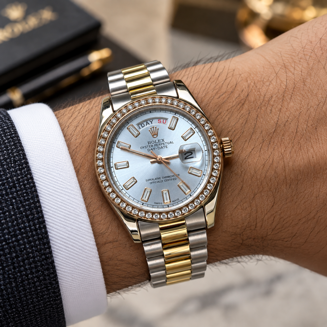 Two-Tone Gold & Silver Men's Luxury Watch with Silver Dial & Crystal Bezel