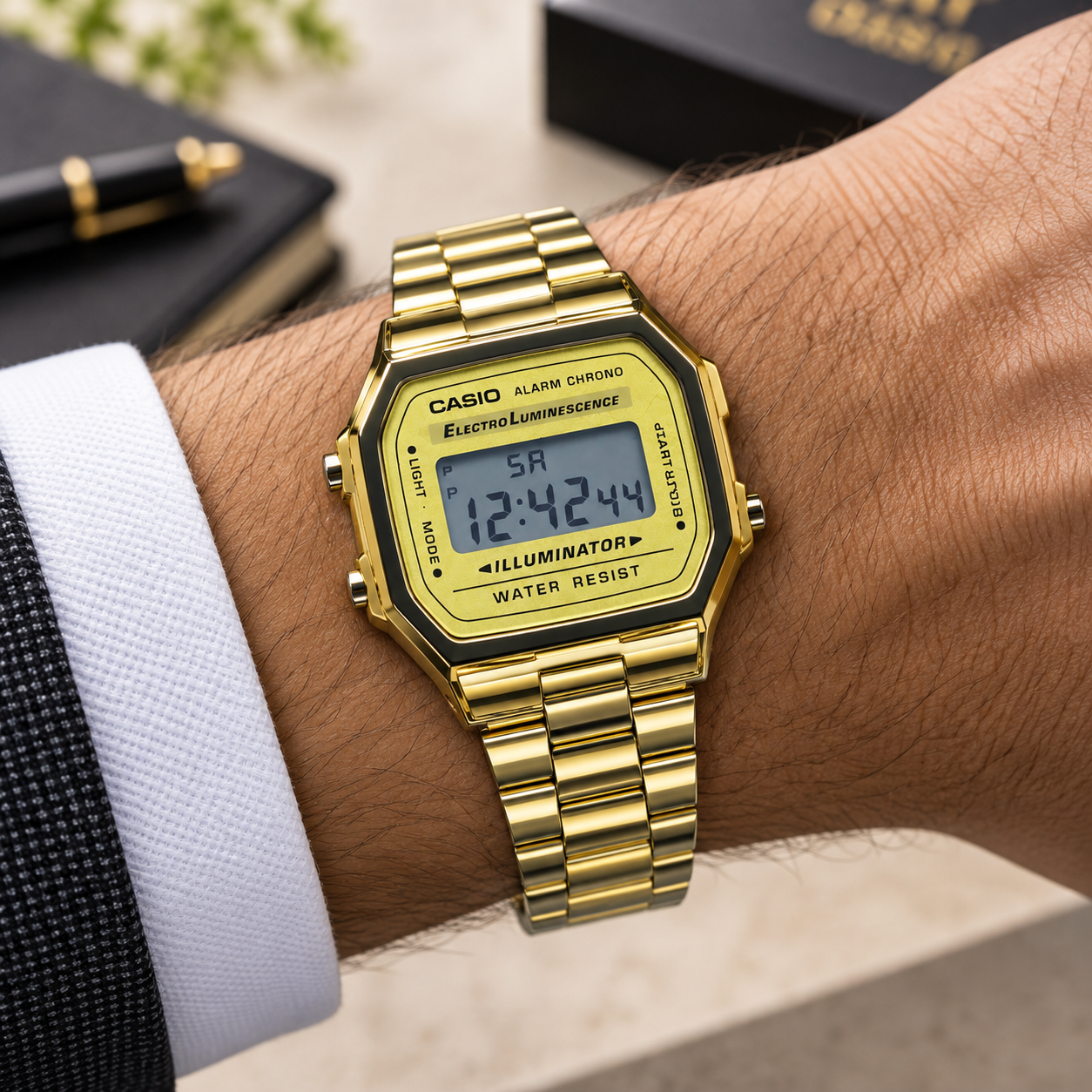 Gold-Tone Digital Men's Watch with Metal Bracelet & Illuminator Display