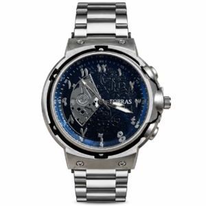 FOBRAS Men’s Silver Blue Skeleton Dial Chronograph Style Analog Watch