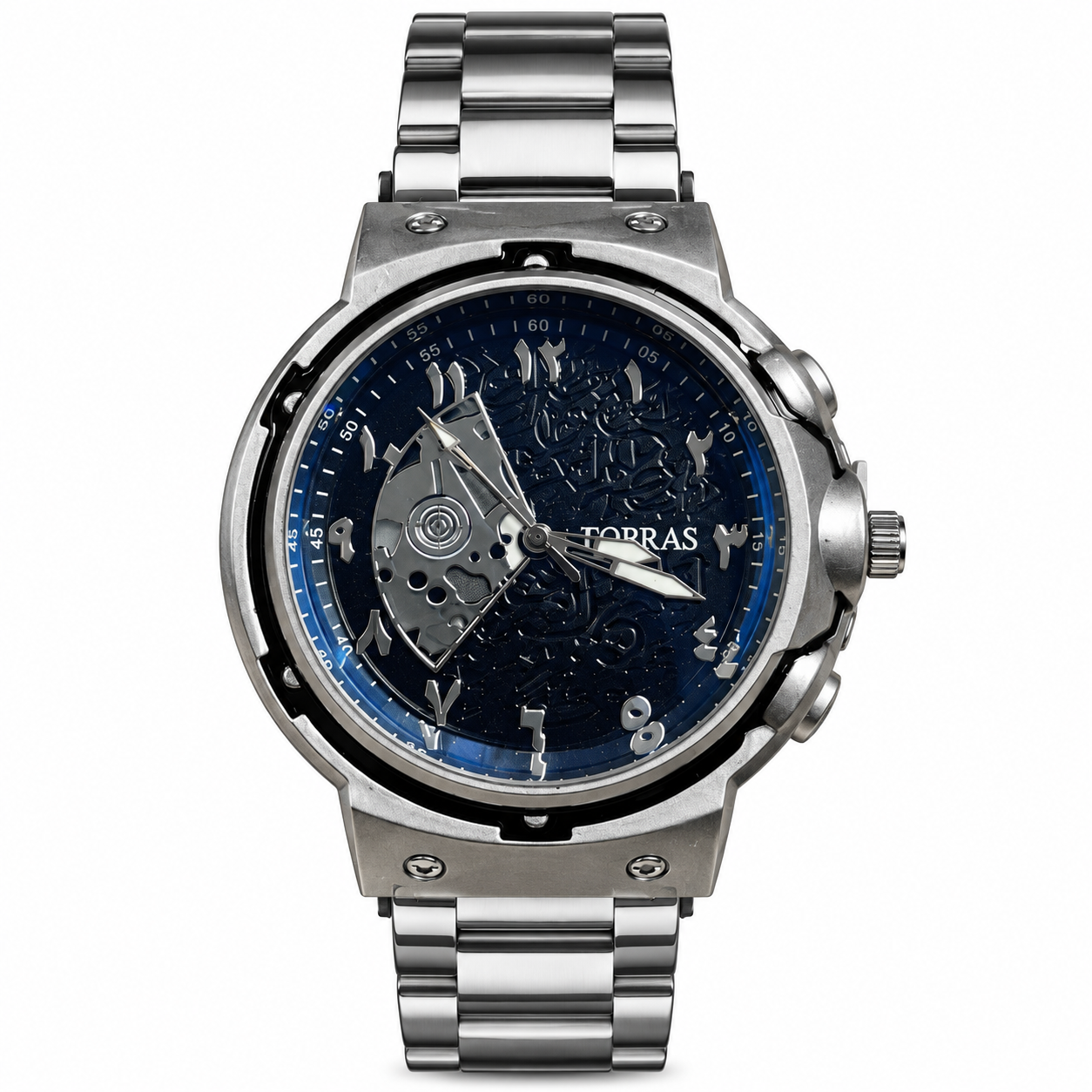 FOBRAS Men's Silver Blue Skeleton Dial Chronograph Style Analog Watch