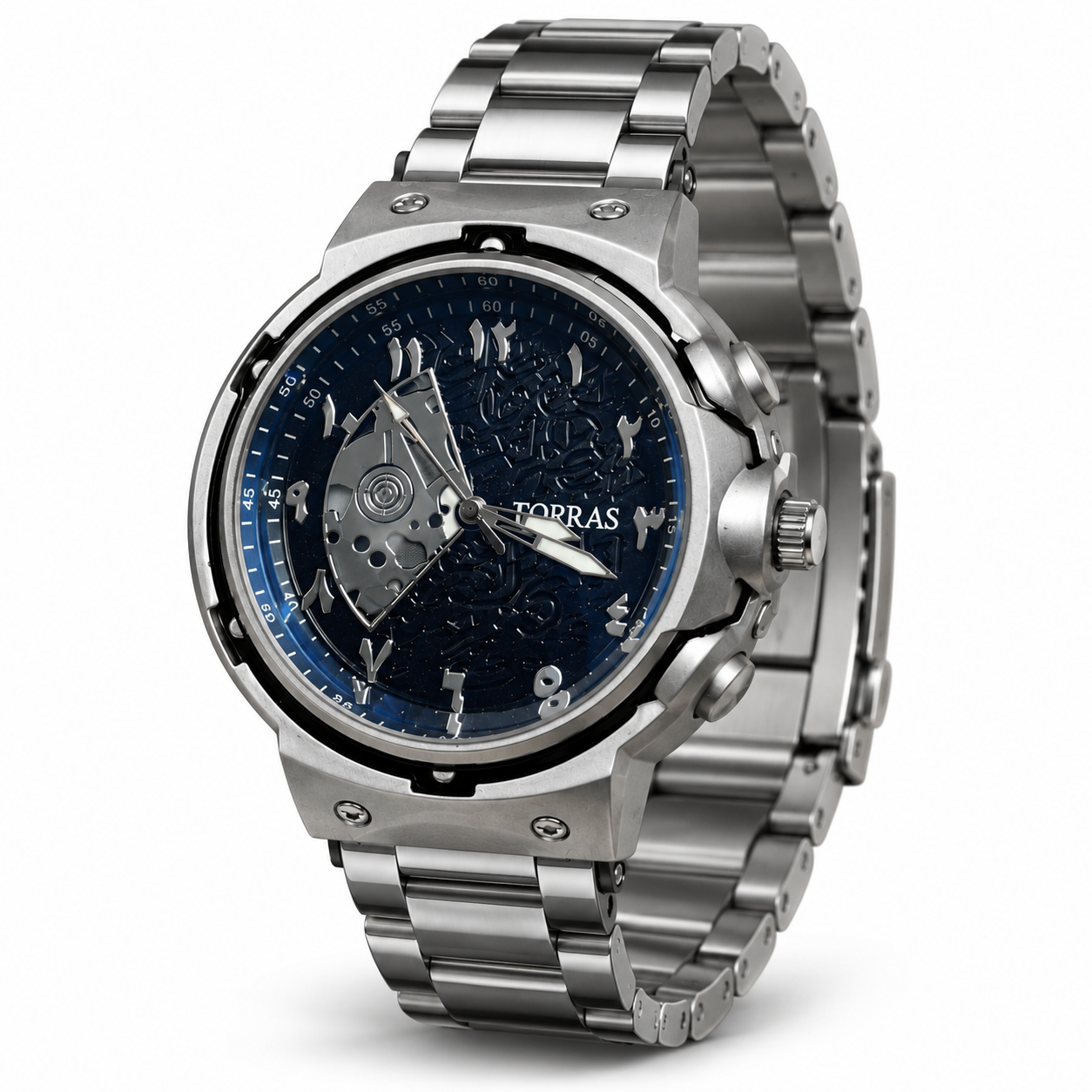 FOBRAS Men's Silver Blue Skeleton Dial Chronograph Style Analog Watch