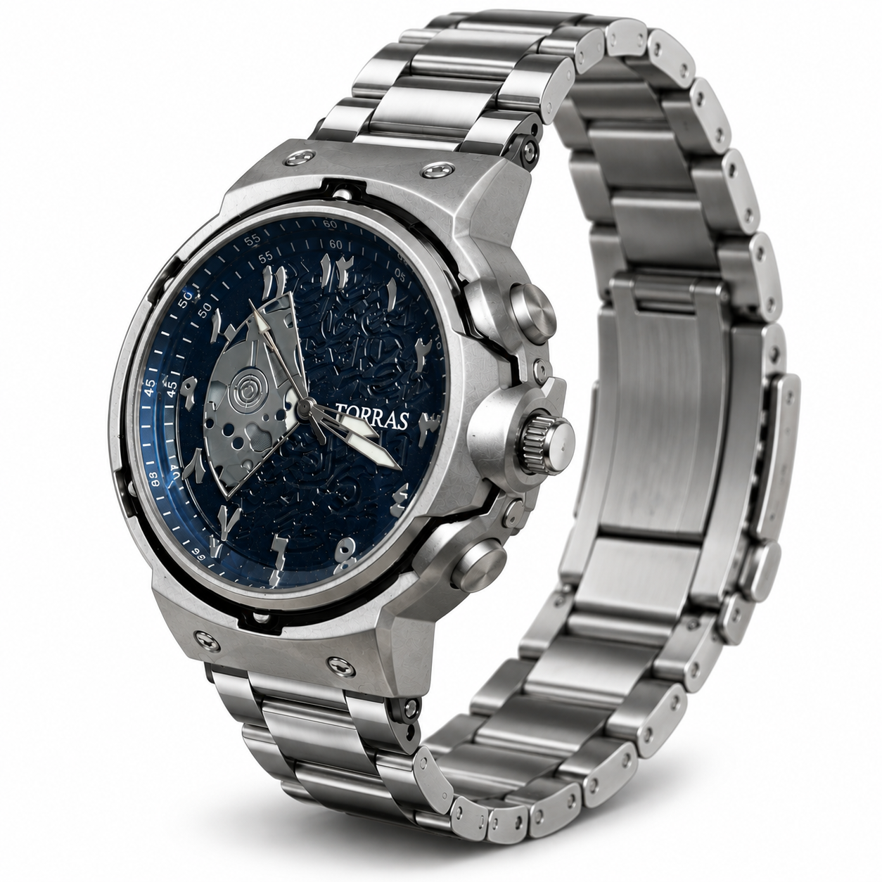 FOBRAS Men's Silver Blue Skeleton Dial Chronograph Style Analog Watch