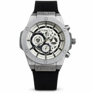 FOBRAS Men’s Silver White Skeleton Dial Chronograph Style Watch with Black Strap