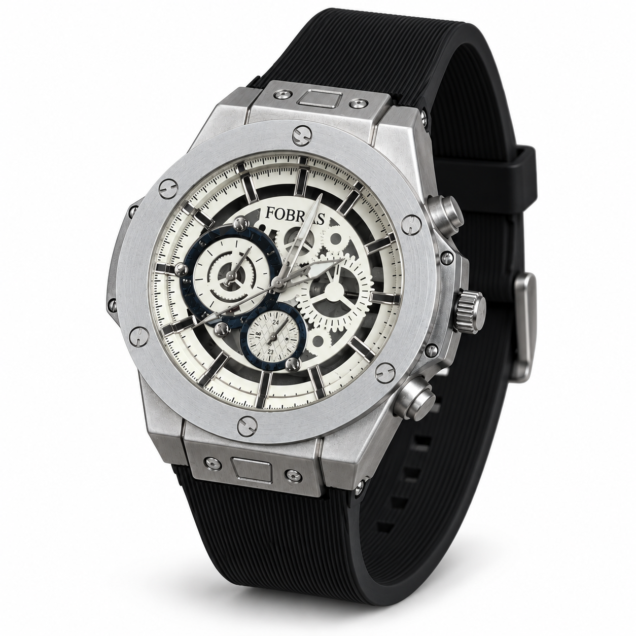 FOBRAS Men's Silver White Skeleton Dial Chronograph Style Watch with Black Strap
