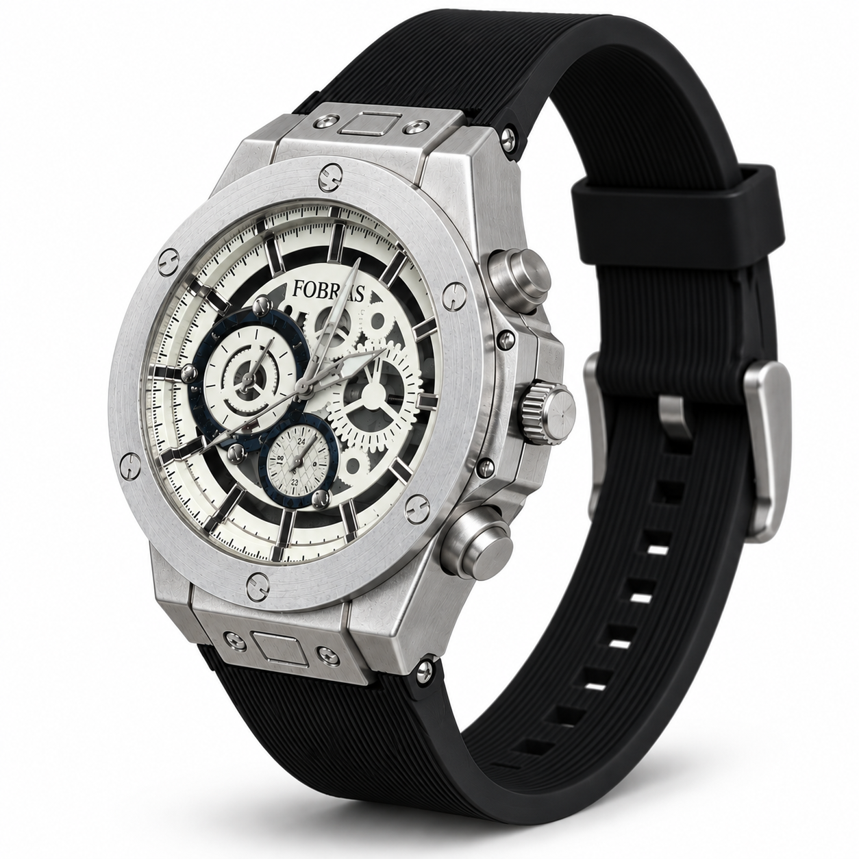 FOBRAS Men's Silver White Skeleton Dial Chronograph Style Watch with Black Strap