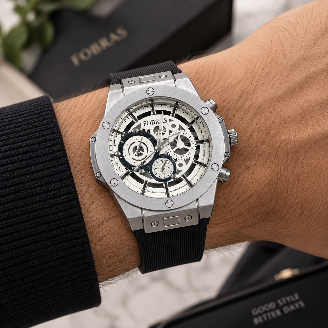 FOBRAS Men's Silver White Skeleton Dial Chronograph Style Watch with Black Strap