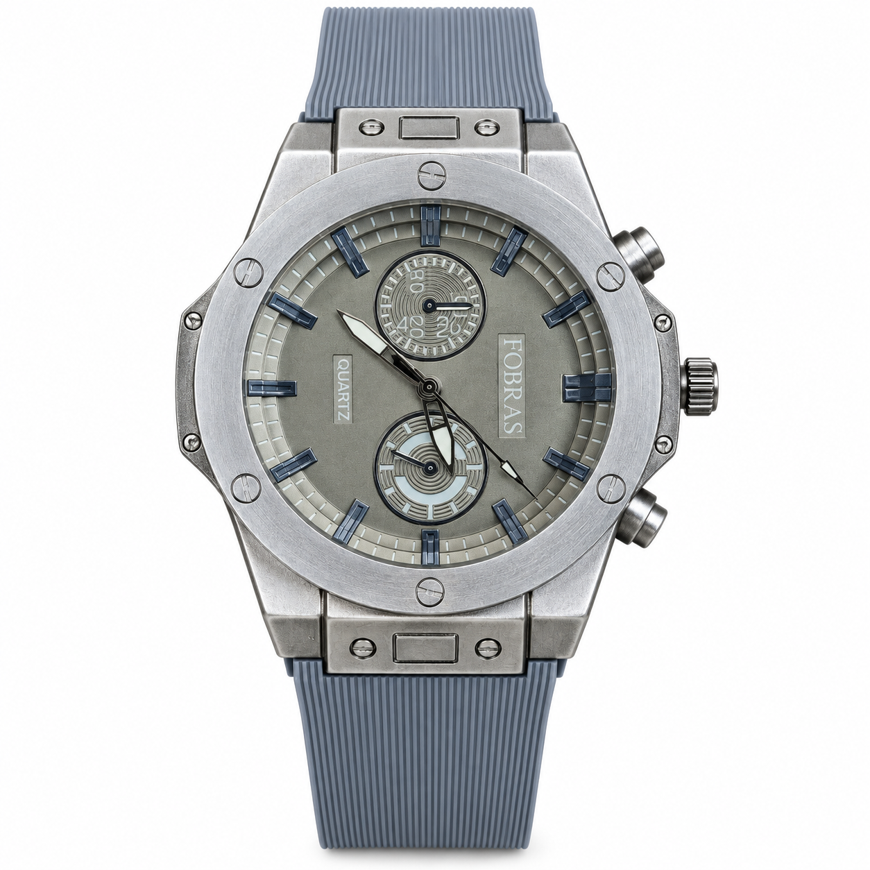 FOBRAS Men's Silver Grey Dial Blue Silicone Strap Analog Watch