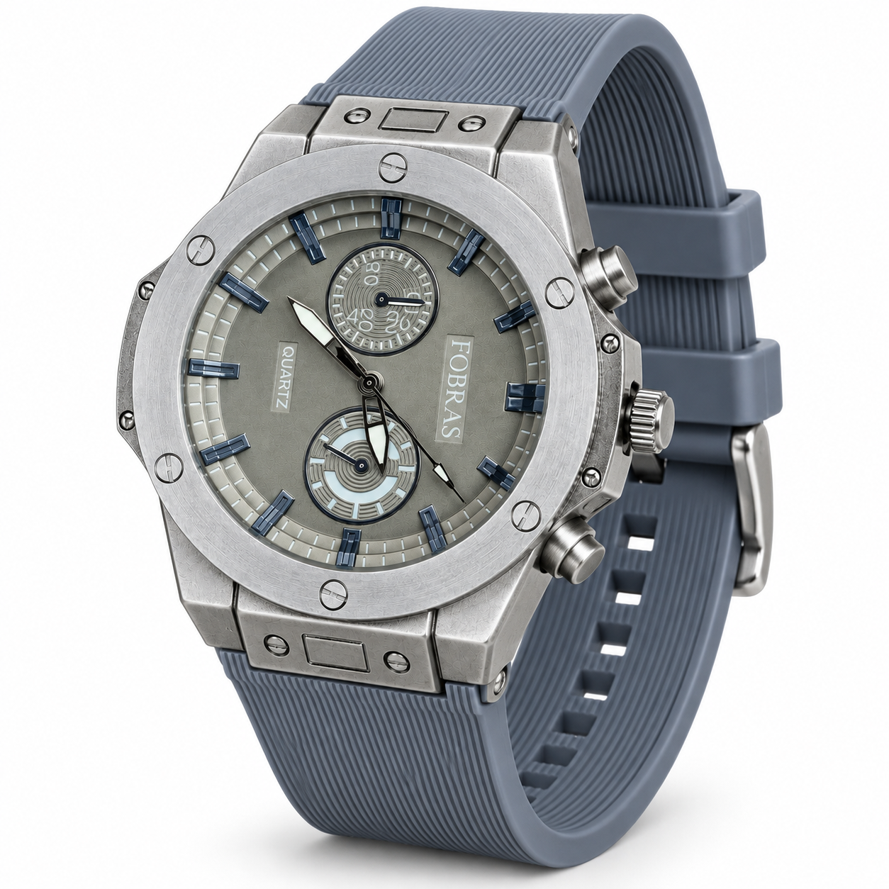 FOBRAS Men's Silver Grey Dial Blue Silicone Strap Analog Watch