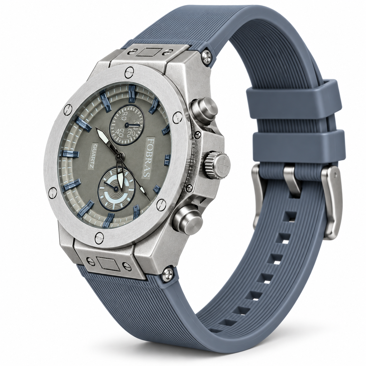 FOBRAS Men's Silver Grey Dial Blue Silicone Strap Analog Watch