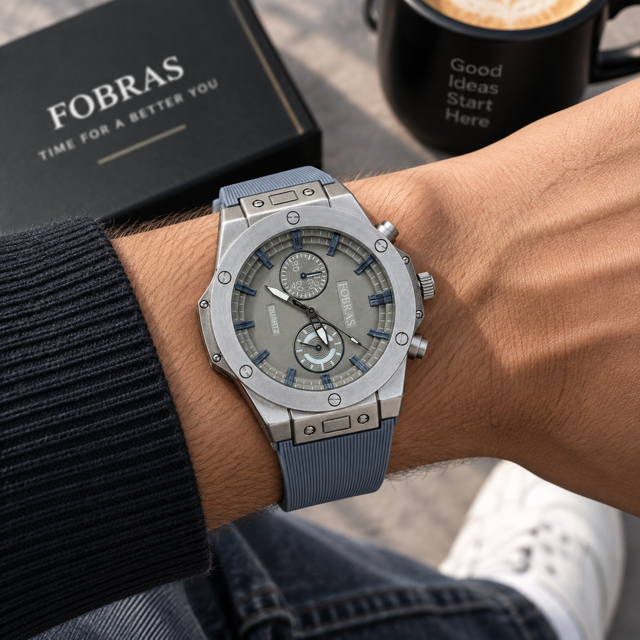 FOBRAS Men's Silver Grey Dial Blue Silicone Strap Analog Watch