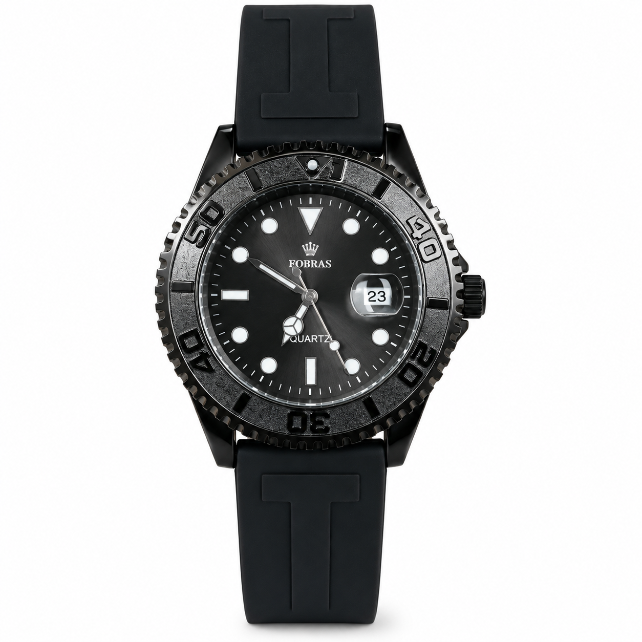 FOBRAS Men's Black Analog Watch with Black Silicone Strap
