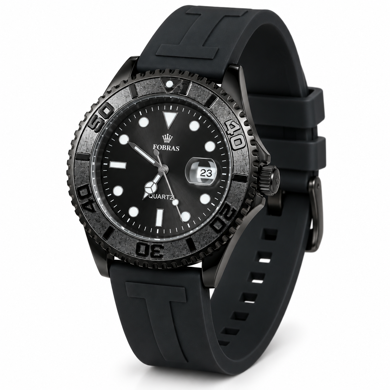FOBRAS Men's Black Analog Watch with Black Silicone Strap