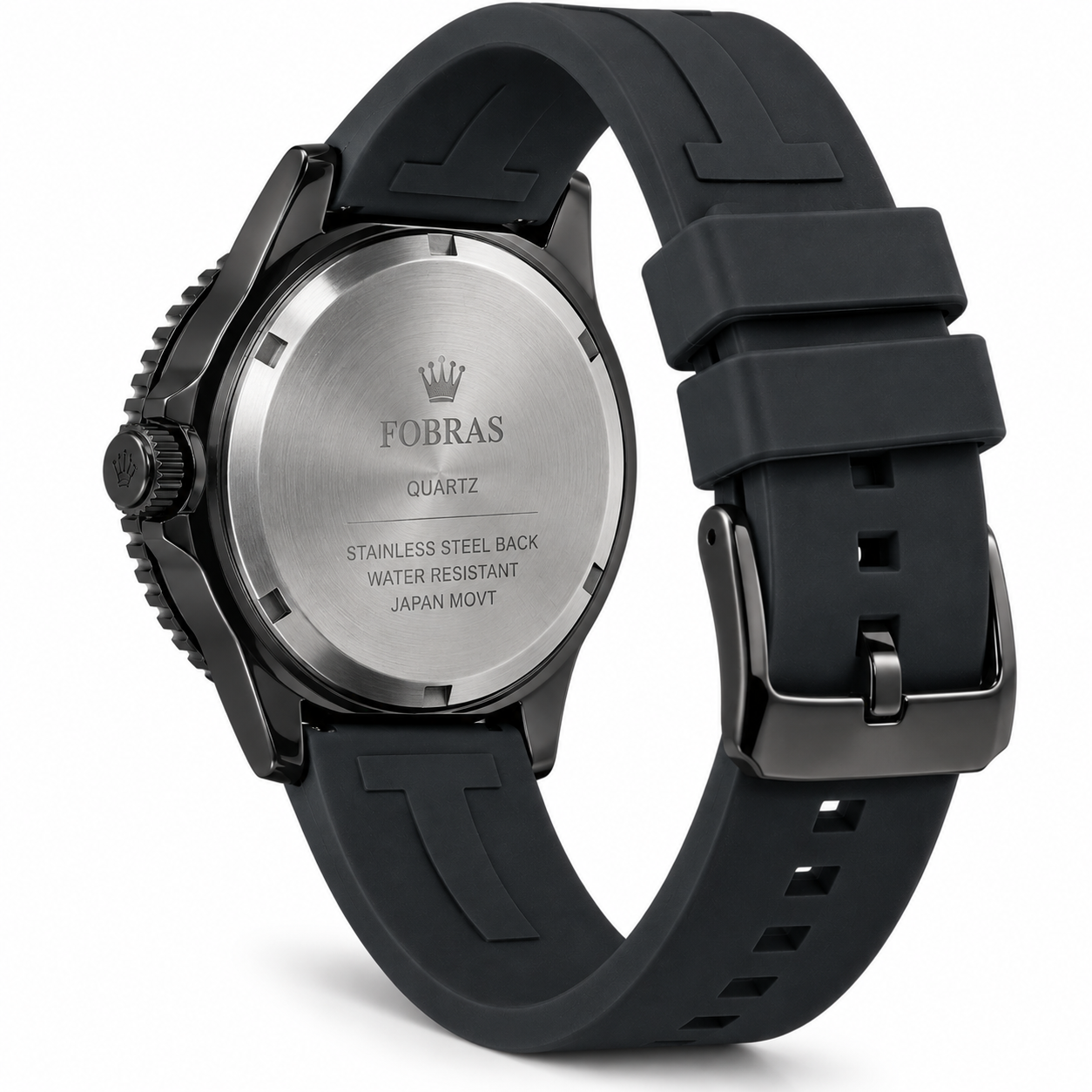 FOBRAS Men's Black Analog Watch with Black Silicone Strap