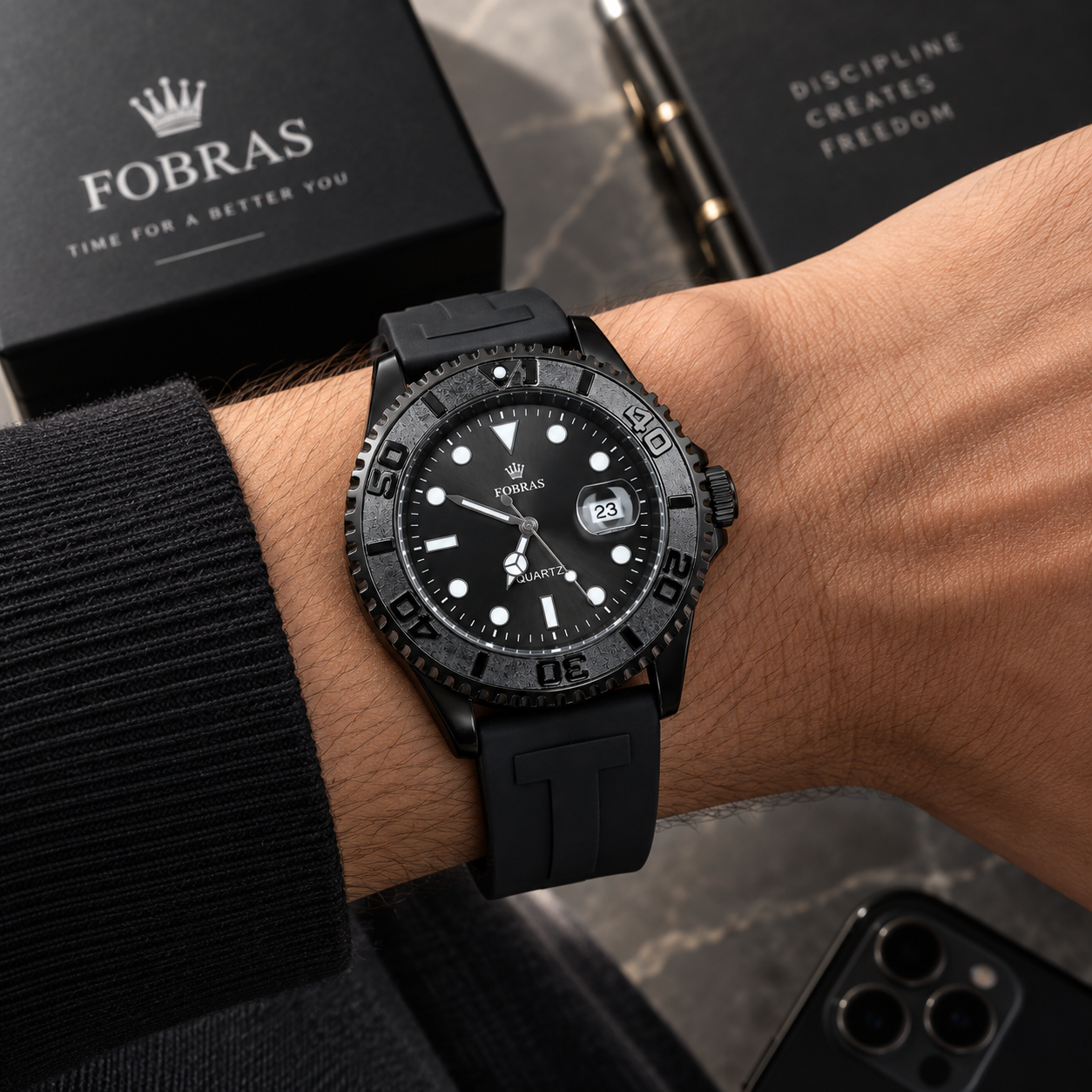 FOBRAS Men's Black Analog Watch with Black Silicone Strap