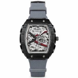 FOBRAS Men’s Grey & Black Skeleton Analog Watch with Silicone Strap