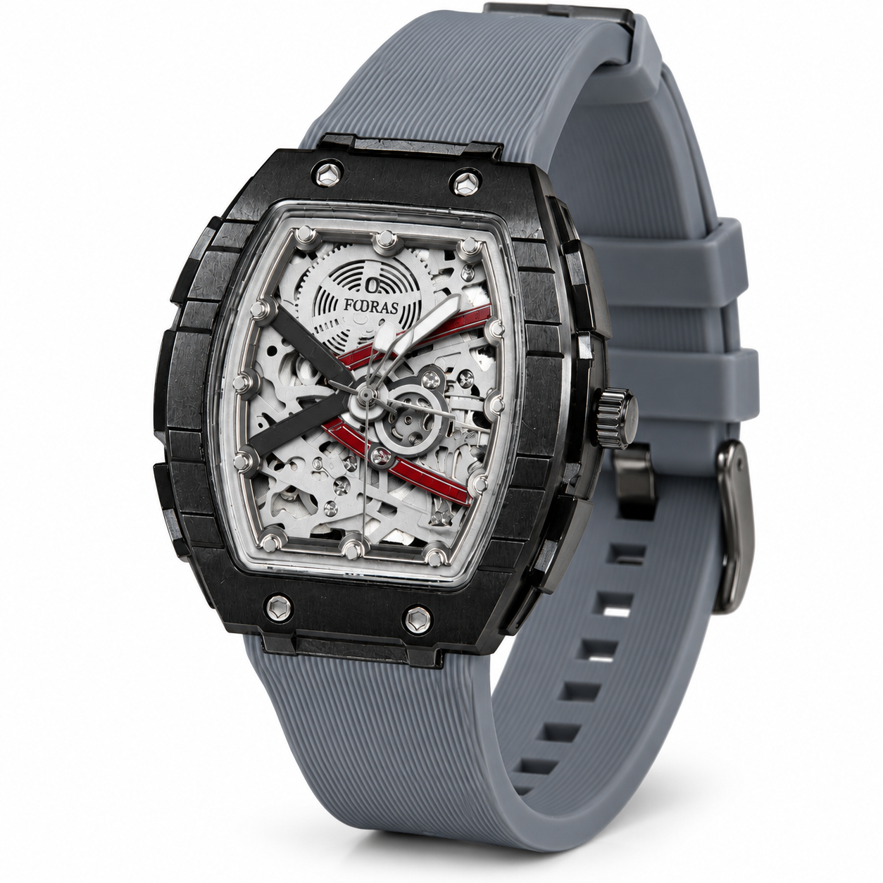 FOBRAS Men's Grey & Black Skeleton Analog Watch with Silicone Strap