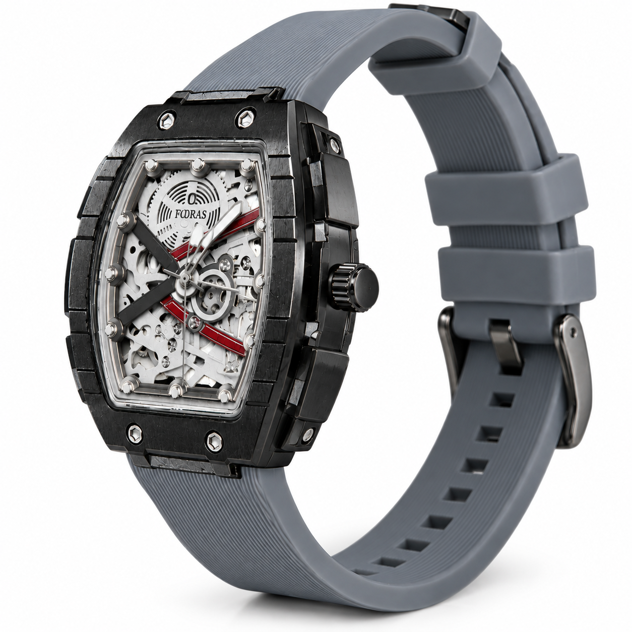FOBRAS Men's Grey & Black Skeleton Analog Watch with Silicone Strap