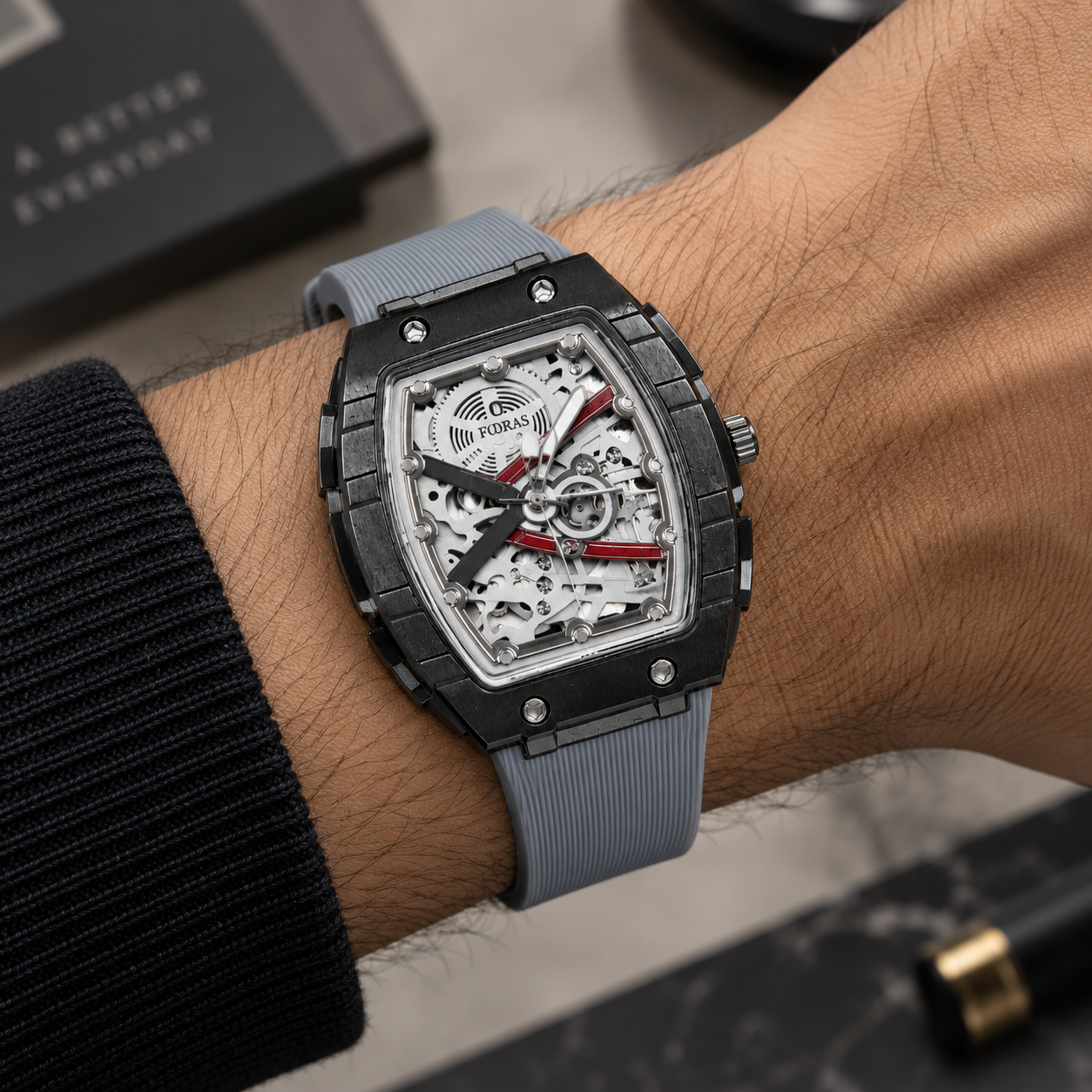 FOBRAS Men's Grey & Black Skeleton Analog Watch with Silicone Strap