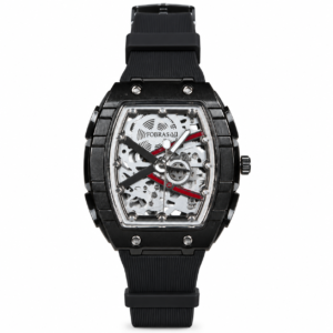 FOBRAS Men’s Black Skeleton Tonneau Analog Watch with Silicone Strap