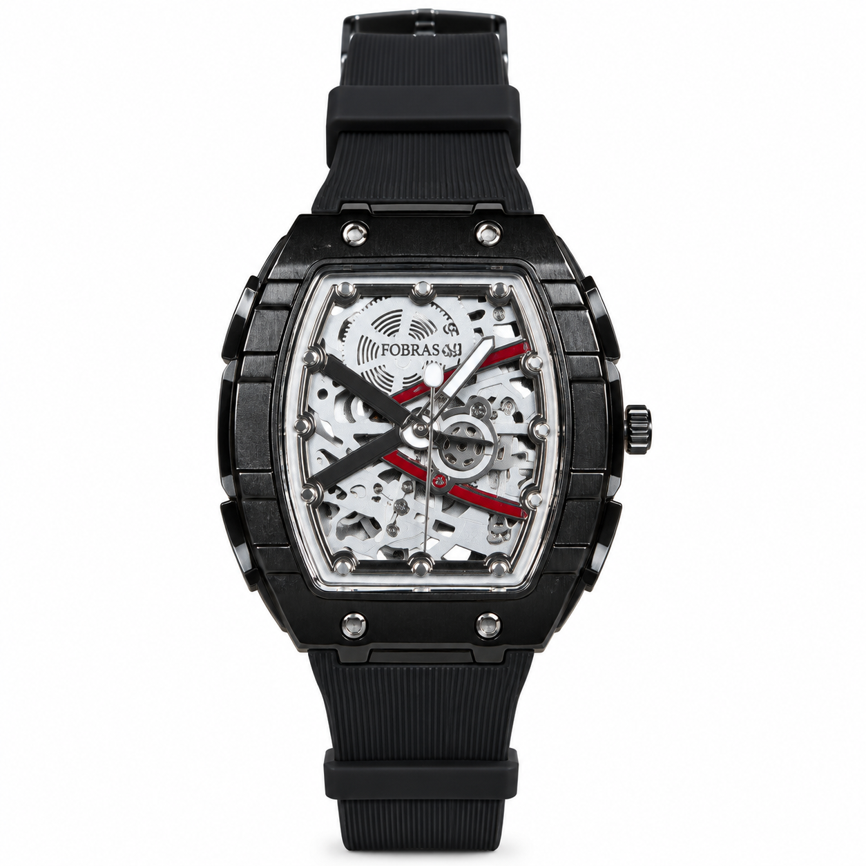 FOBRAS Men's Black Skeleton Tonneau Analog Watch with Silicone Strap