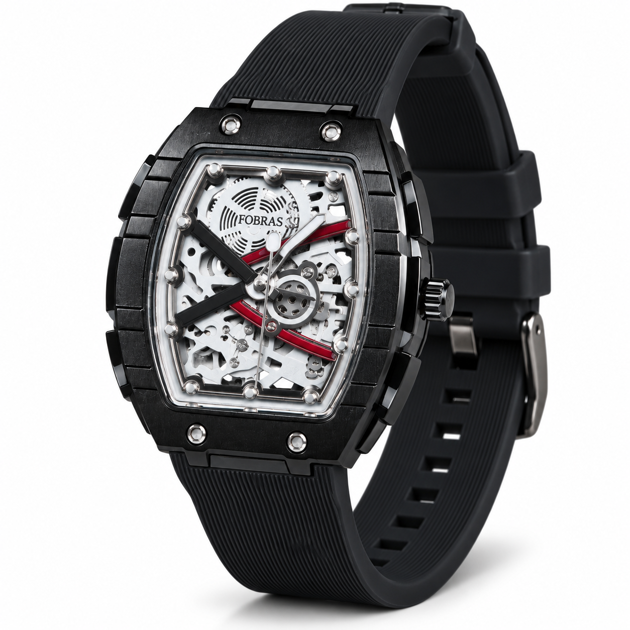 FOBRAS Men's Black Skeleton Tonneau Analog Watch with Silicone Strap
