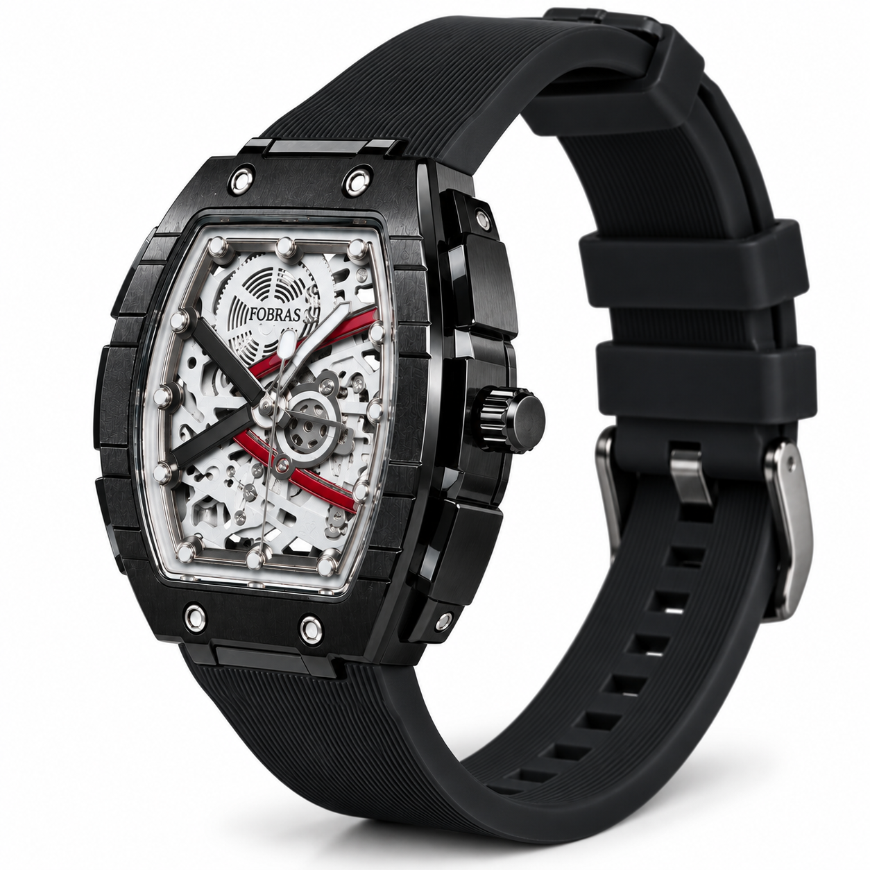 FOBRAS Men's Black Skeleton Tonneau Analog Watch with Silicone Strap