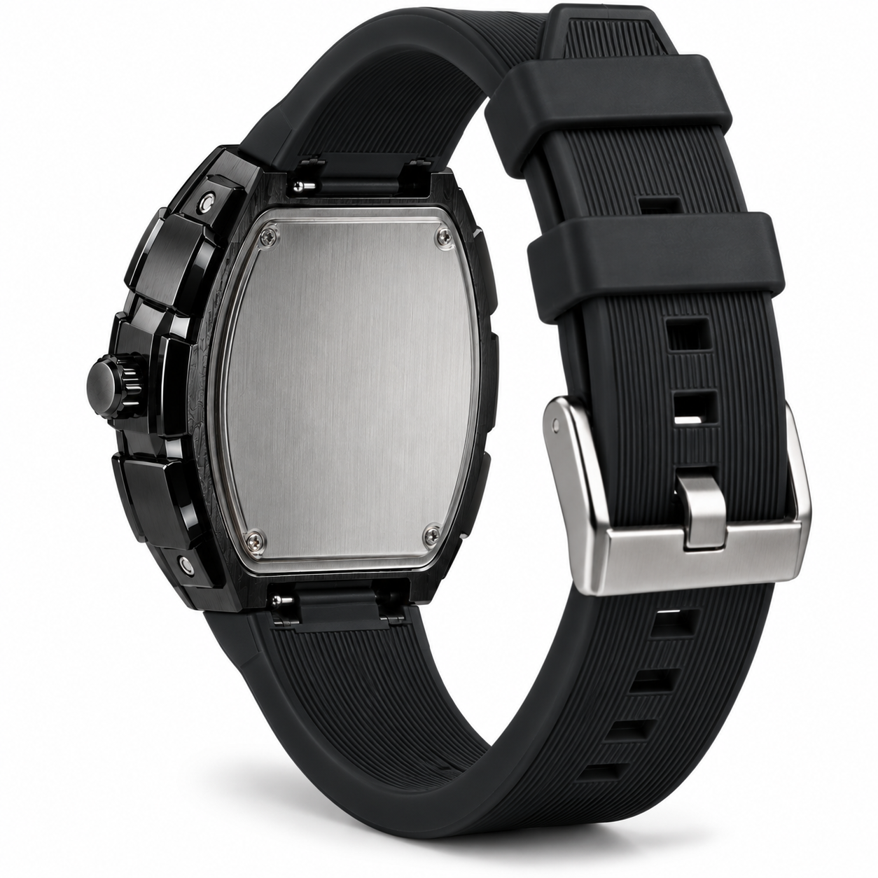 FOBRAS Men's Black Skeleton Tonneau Analog Watch with Silicone Strap