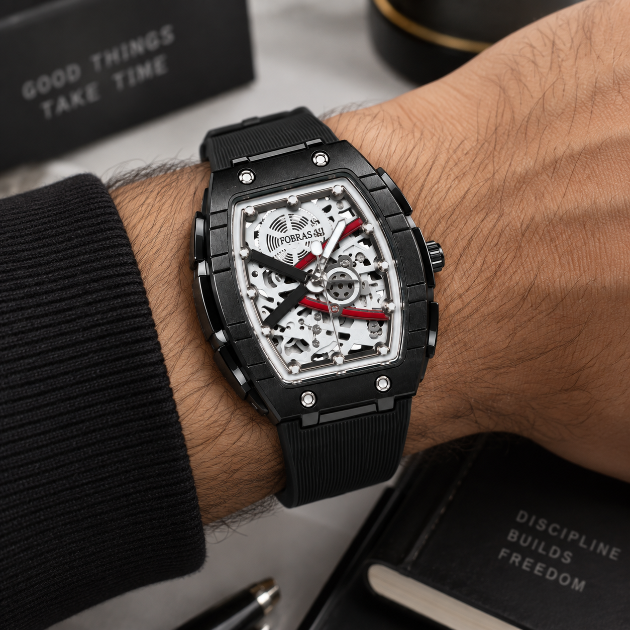 FOBRAS Men's Black Skeleton Tonneau Analog Watch with Silicone Strap