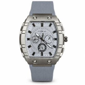 FOBRAS Men’s Silver Tonneau Analog Watch with Grey Silicone Strap