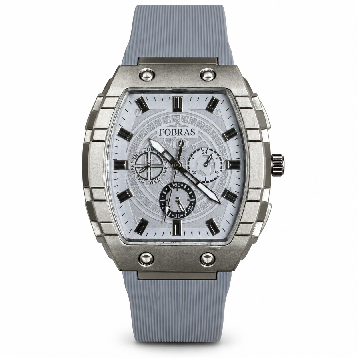 FOBRAS Men's Silver Tonneau Analog Watch with Grey Silicone Strap