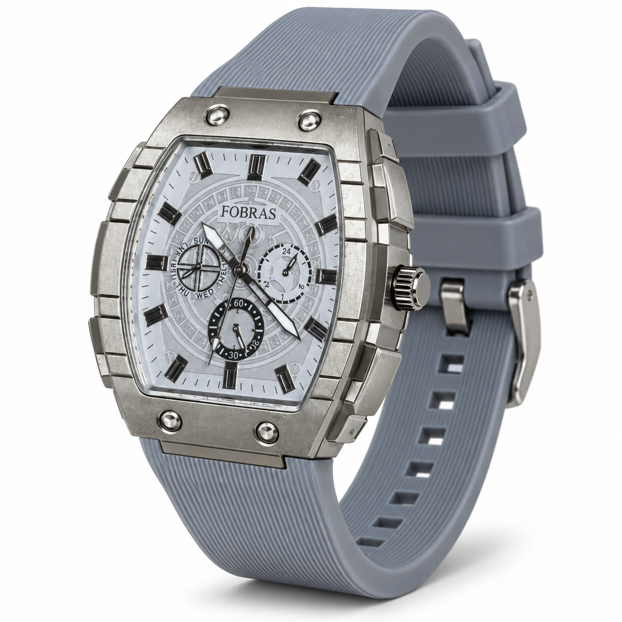 FOBRAS Men's Silver Tonneau Analog Watch with Grey Silicone Strap