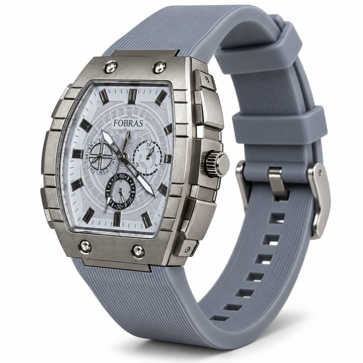 FOBRAS Men's Silver Tonneau Analog Watch with Grey Silicone Strap