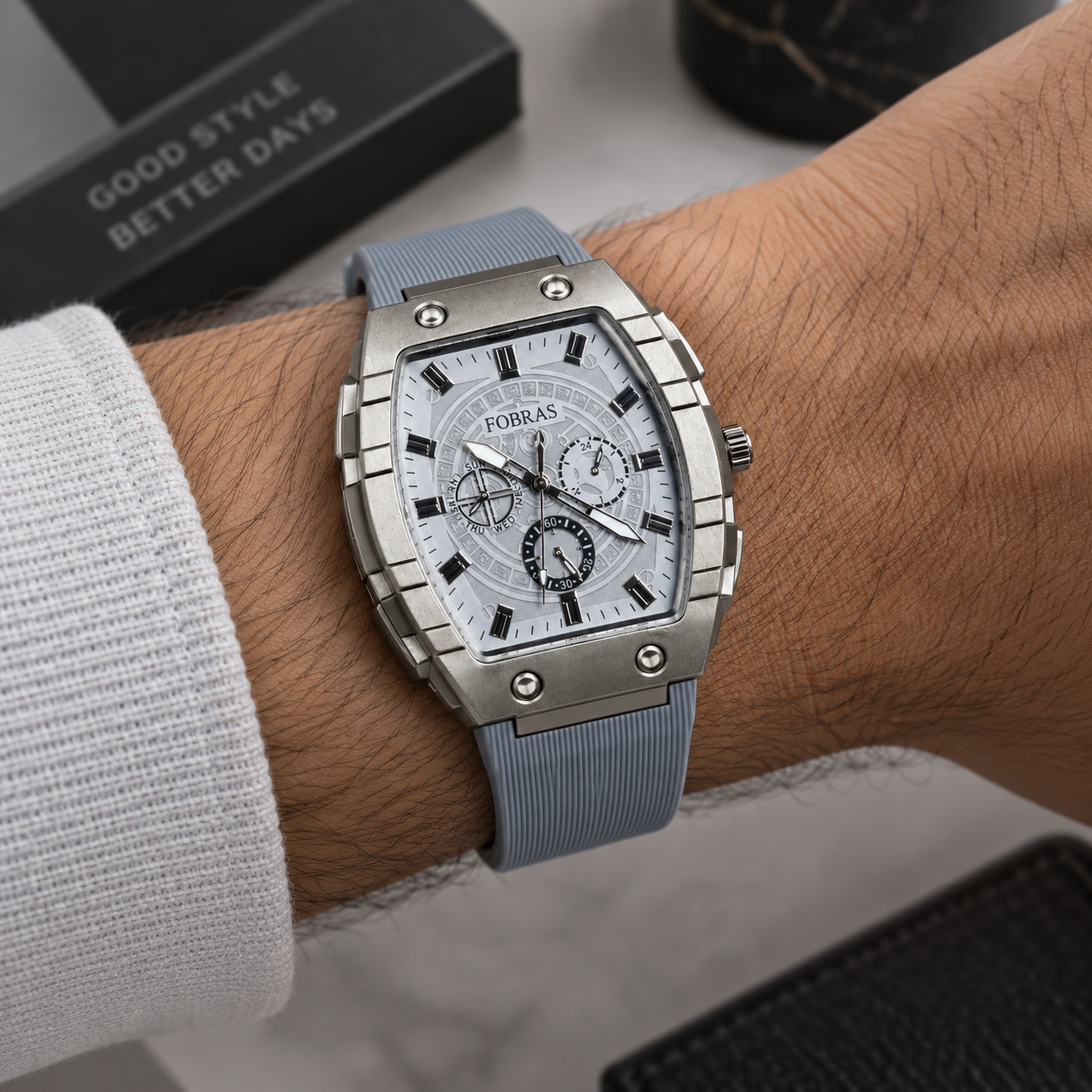 FOBRAS Men's Silver Tonneau Analog Watch with Grey Silicone Strap