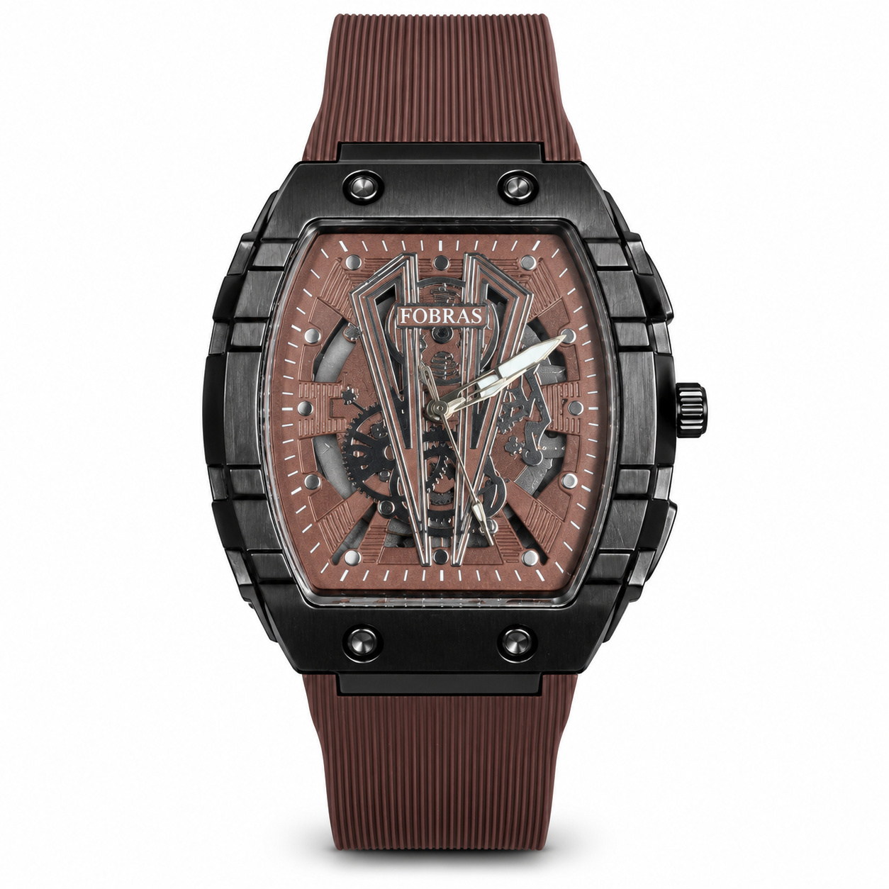 FOBRAS Men's Black Tonneau Analog Watch with Brown Silicone Strap